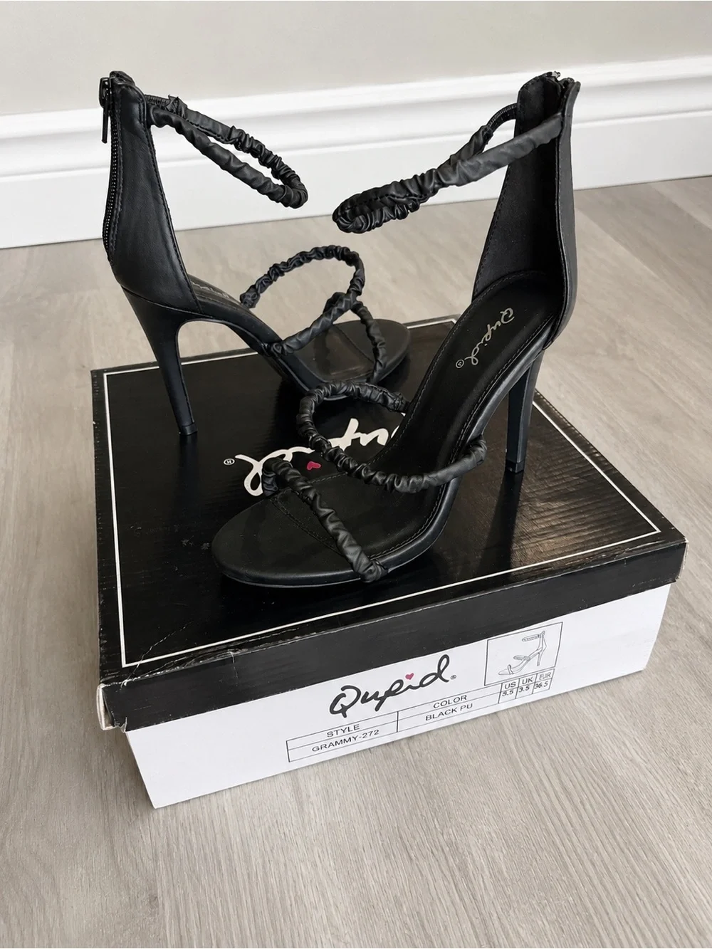 Cupid Black Ruched Strap Heels with Ankle Zip